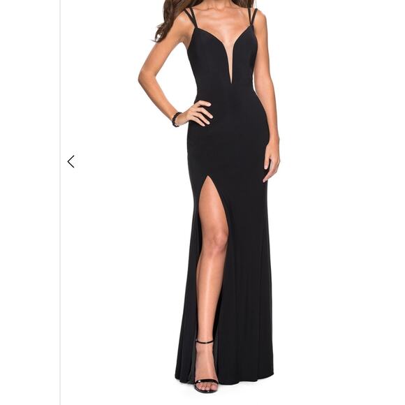 NWOT La Femme 27072 Plunging Strappy Back High Slit Gown - Picture 2 of 8